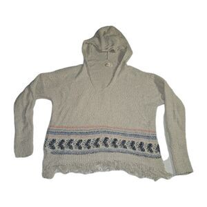 Hollister Hooded Sweater Womens M Boho Muted Nordic Accent Stripes Fringe Hem